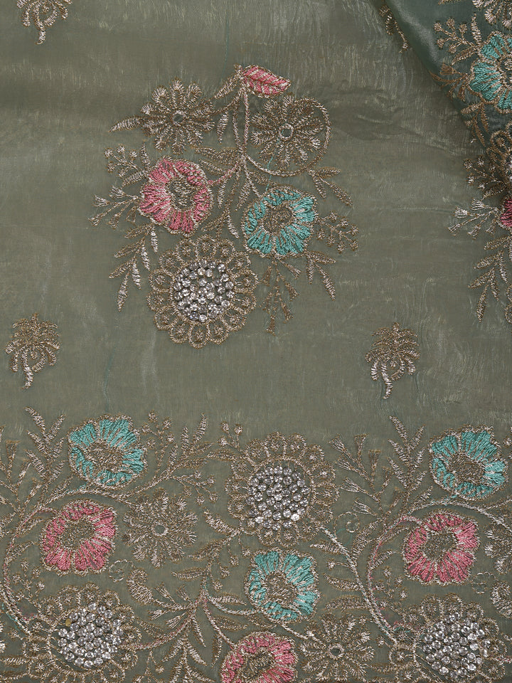 Green Floral Designed Organza Designer Saree - Diadem