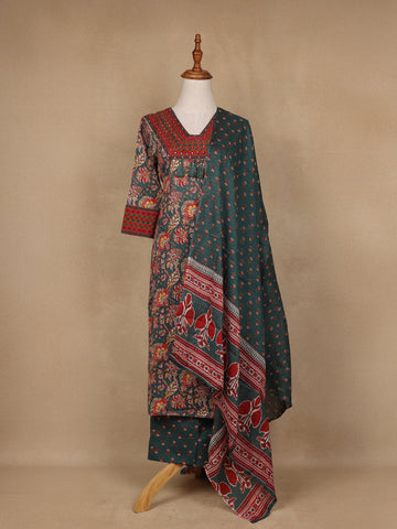 Green Floral Design Printed Cotton Salwar Suit - Diadem