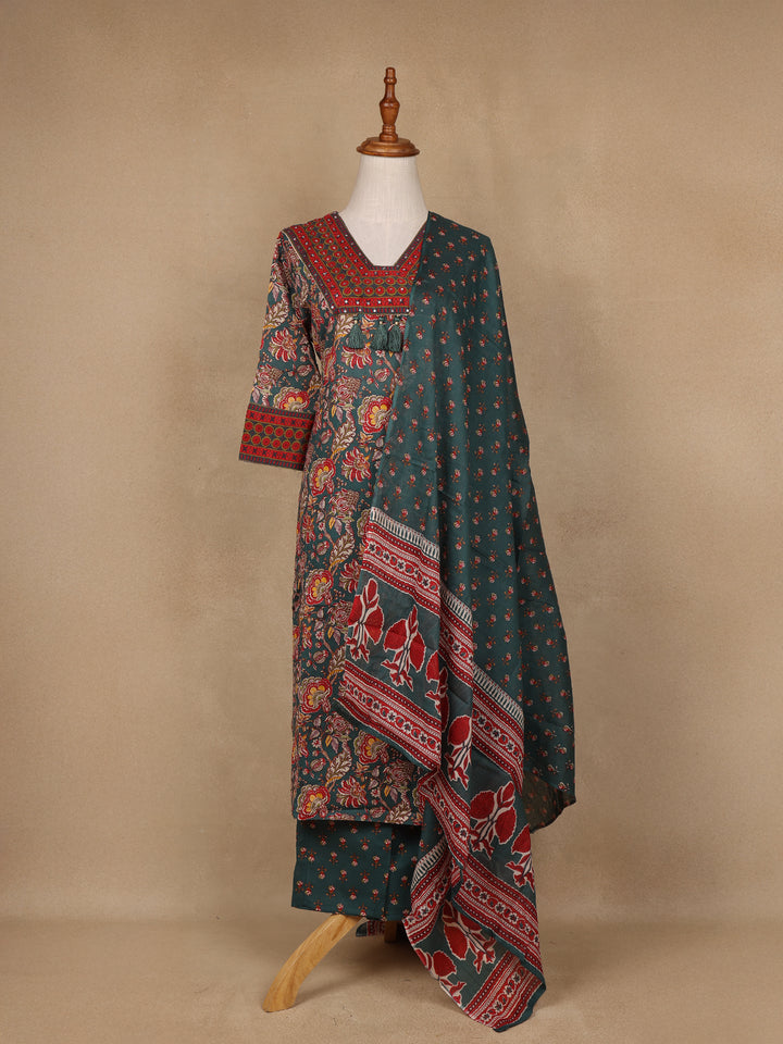 Green Floral Design Printed Cotton Salwar Suit - Diadem