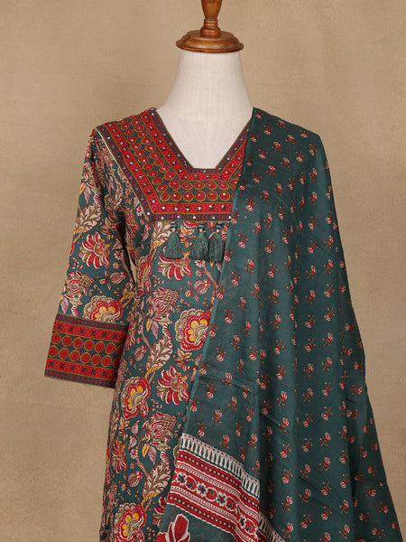 Green Floral Design Printed Cotton Salwar Suit - Diadem