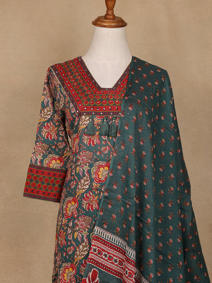 Green Floral Design Printed Cotton Salwar Suit - Diadem