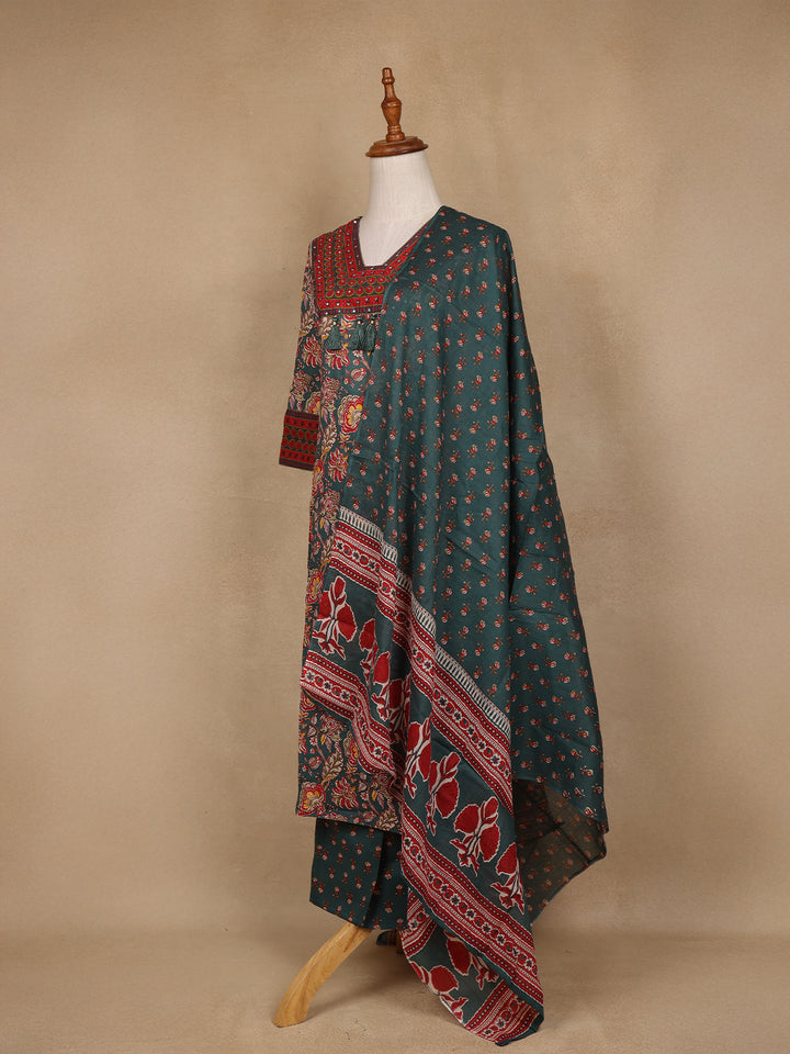 Green Floral Design Printed Cotton Salwar Suit - Diadem