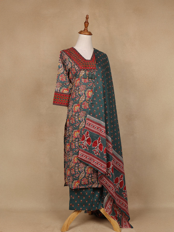 Green Floral Design Printed Cotton Salwar Suit - Diadem