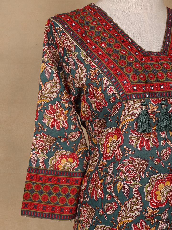 Green Floral Design Printed Cotton Salwar Suit - Diadem