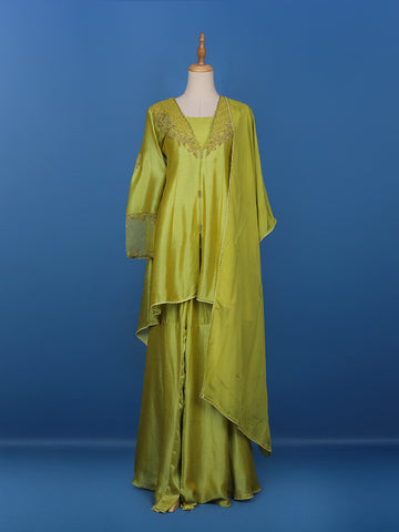 Green Floral Designed Raw Silk Salwar Suit - Diadem