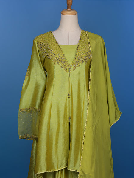 Green Floral Designed Raw Silk Salwar Suit - Diadem