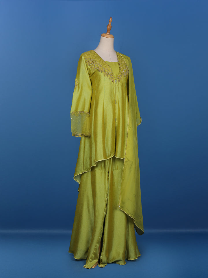 Green Floral Designed Raw Silk Salwar Suit - Diadem