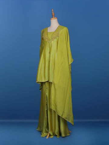 Green Floral Designed Raw Silk Salwar Suit - Diadem
