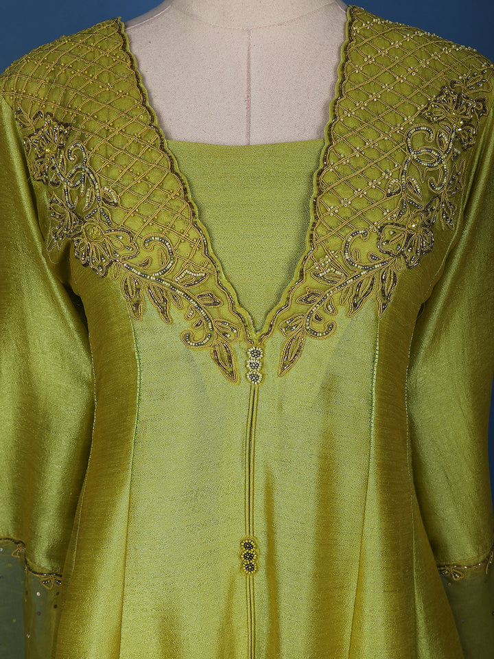 Green Floral Designed Raw Silk Salwar Suit - Diadem