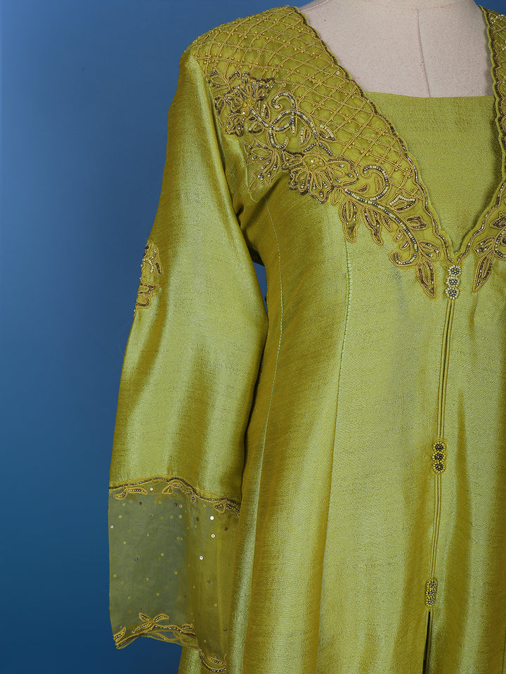Green Floral Designed Raw Silk Salwar Suit - Diadem