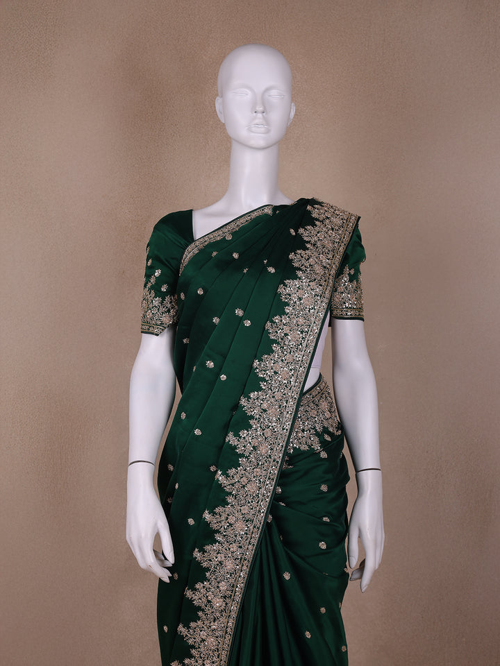 Green Floral Designed Satin Saree - Diadem