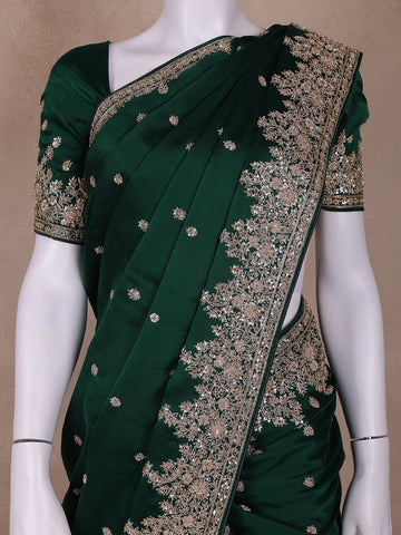 Green Floral Designed Satin Saree - Diadem