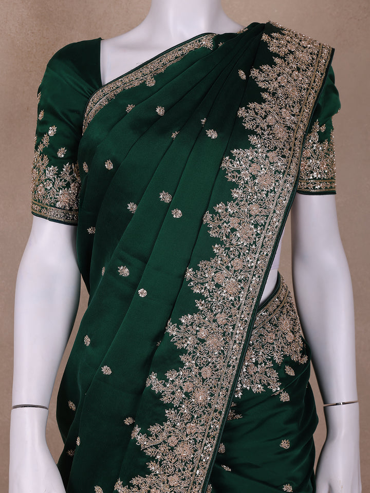 Green Floral Designed Satin Saree - Diadem
