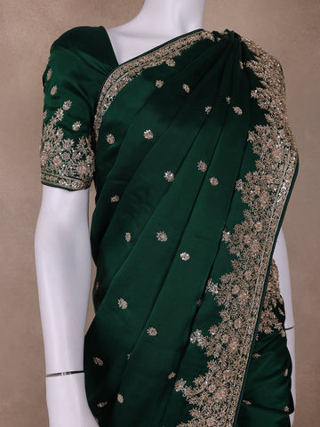 Green Floral Designed Satin Saree - Diadem