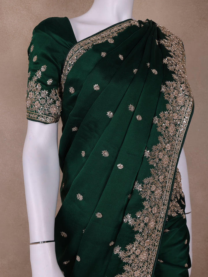 Green Floral Designed Satin Saree - Diadem