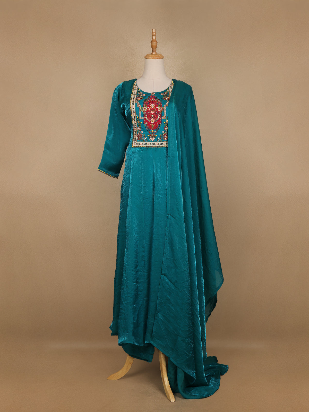 Green Floral Designed Semi Silk Anarkali Salwar Suit - Diadem