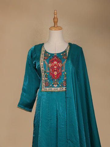 Green Floral Designed Semi Silk Anarkali Salwar Suit - Diadem