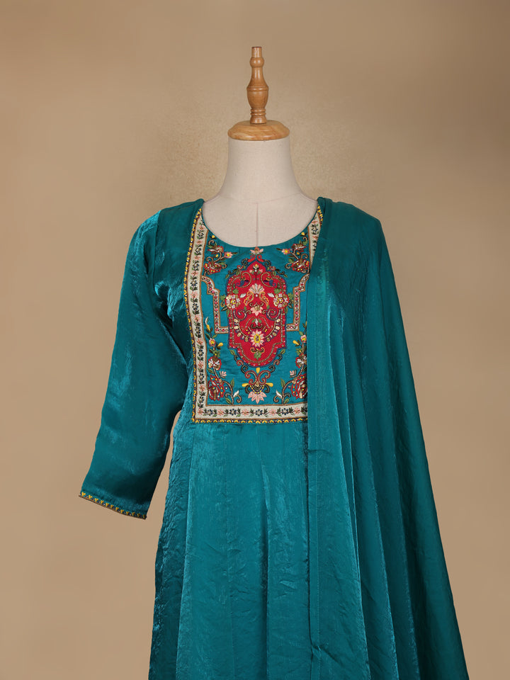 Green Floral Designed Semi Silk Anarkali Salwar Suit - Diadem