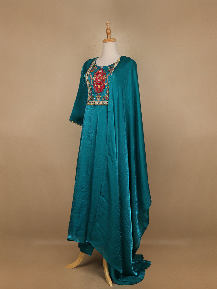 Green Floral Designed Semi Silk Anarkali Salwar Suit - Diadem