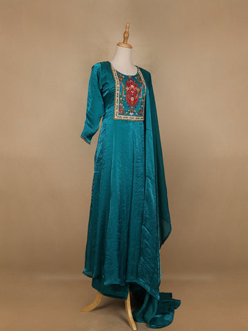 Green Floral Designed Semi Silk Anarkali Salwar Suit - Diadem