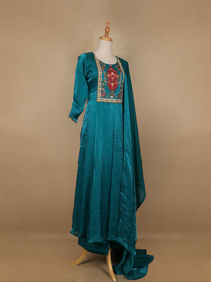 Green Floral Designed Semi Silk Anarkali Salwar Suit - Diadem