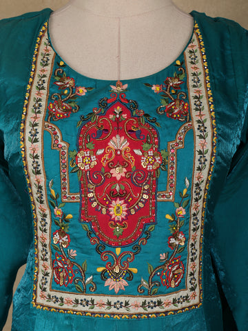 Green Floral Designed Semi Silk Anarkali Salwar Suit - Diadem