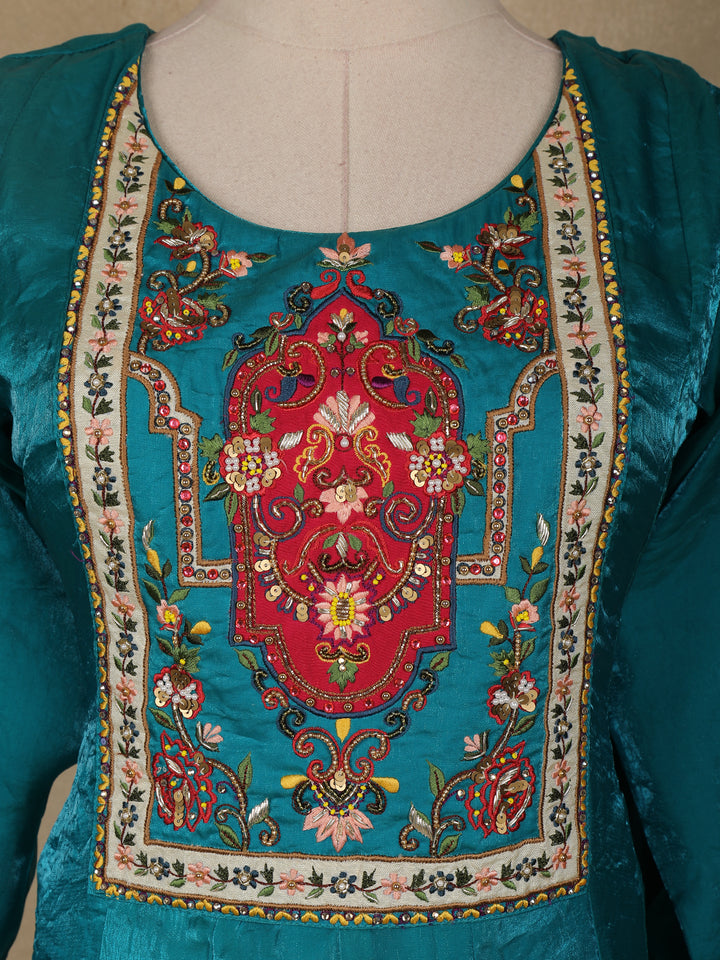 Green Floral Designed Semi Silk Anarkali Salwar Suit - Diadem