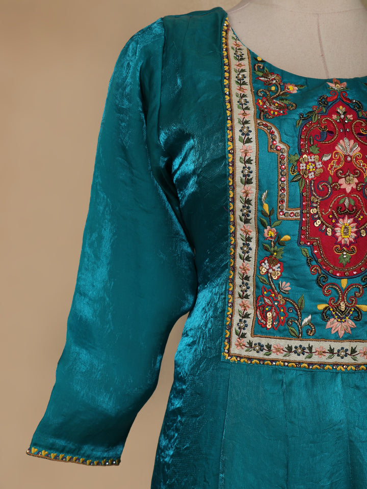 Green Floral Designed Semi Silk Anarkali Salwar Suit - Diadem