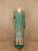 Green Floral Designed Semi Silk Kaftan Suit