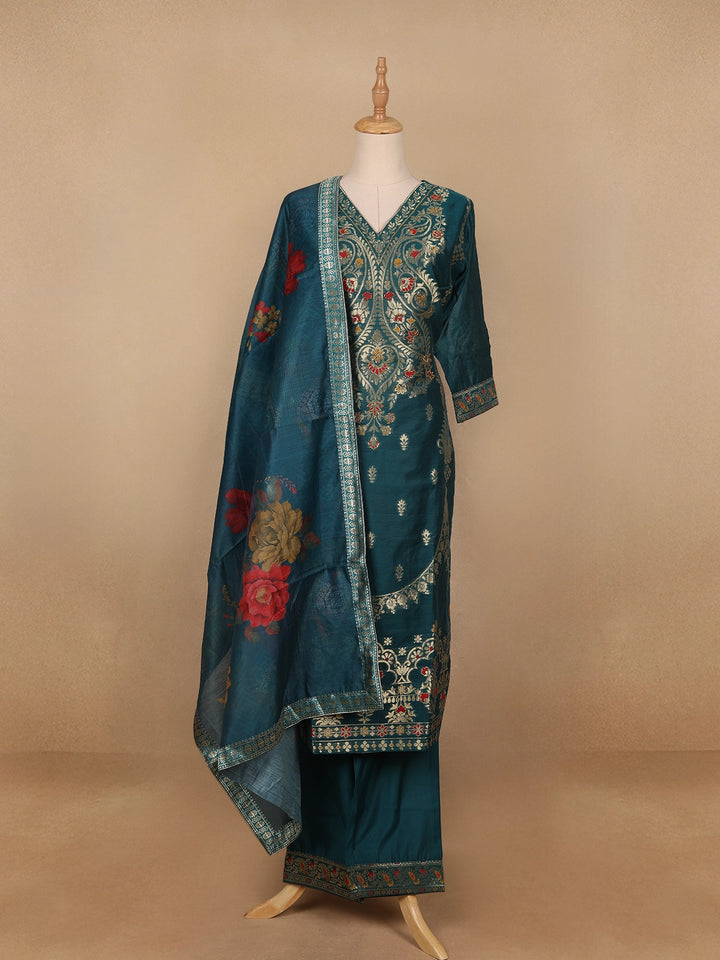 Green Floral Designed Semi Silk Salwar Suit - Diadem