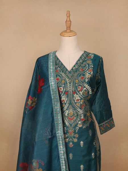 Green Floral Designed Semi Silk Salwar Suit - Diadem