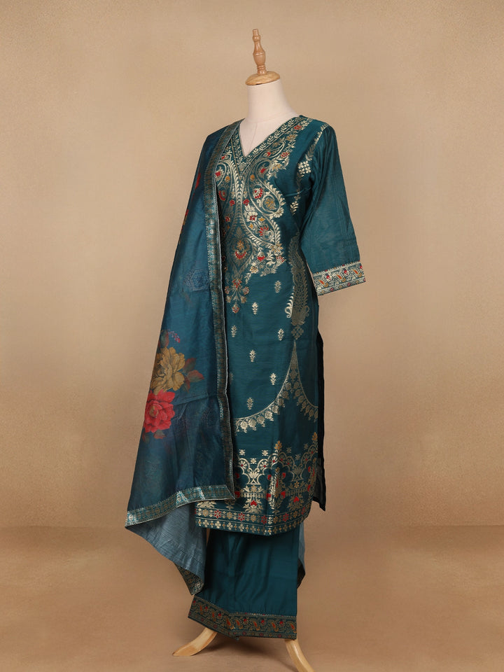 Green Floral Designed Semi Silk Salwar Suit - Diadem