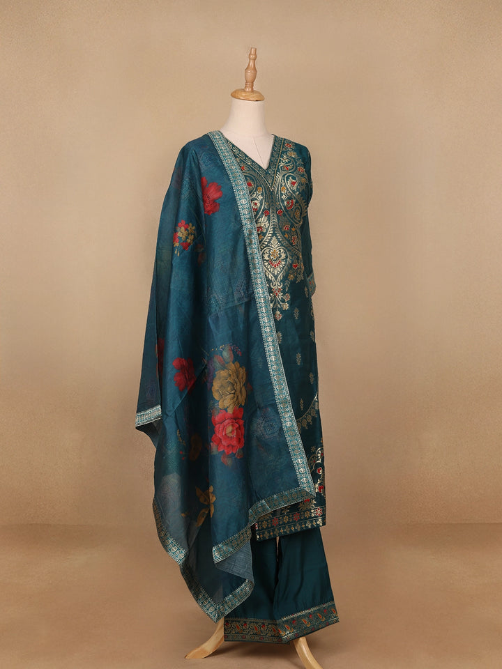 Green Floral Designed Semi Silk Salwar Suit - Diadem
