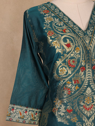 Green Floral Designed Semi Silk Salwar Suit - Diadem