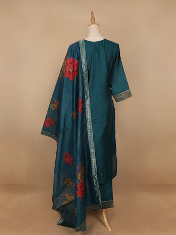 Green Floral Designed Semi Silk Salwar Suit - Diadem
