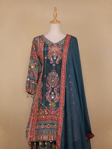 Green Floral Designed Semi Silk Sharara Salwar Suit - Diadem
