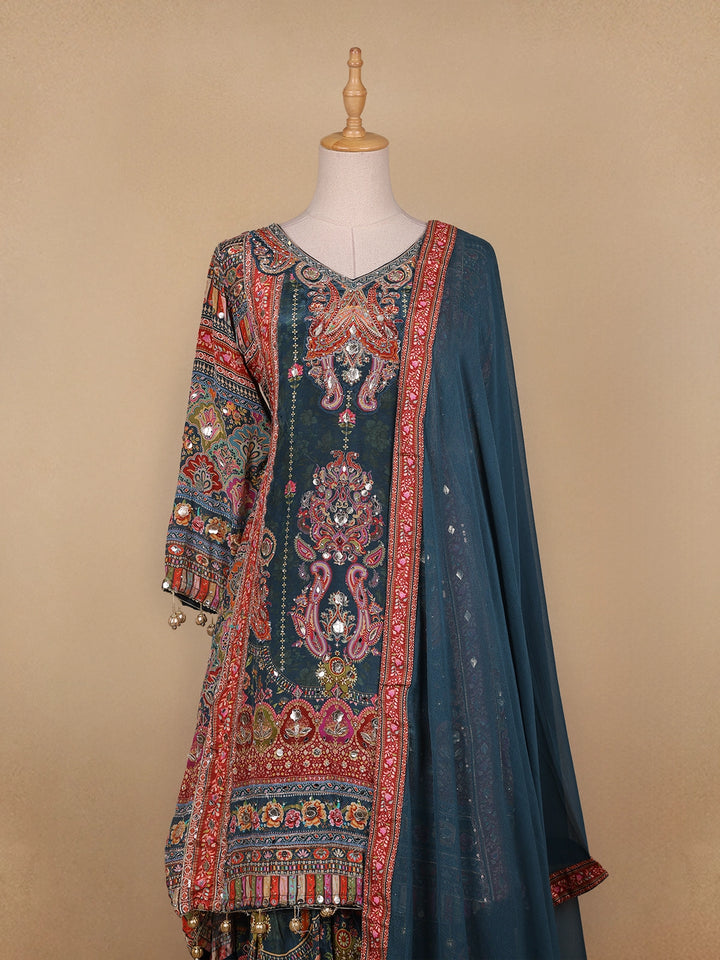 Green Floral Designed Semi Silk Sharara Salwar Suit - Diadem