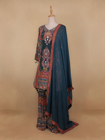 Green Floral Designed Semi Silk Sharara Salwar Suit - Diadem