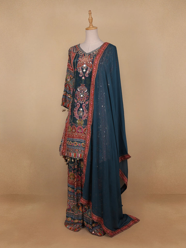 Green Floral Designed Semi Silk Sharara Salwar Suit - Diadem