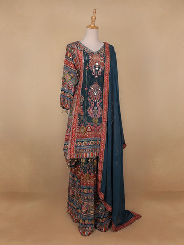 Green Floral Designed Semi Silk Sharara Salwar Suit - Diadem