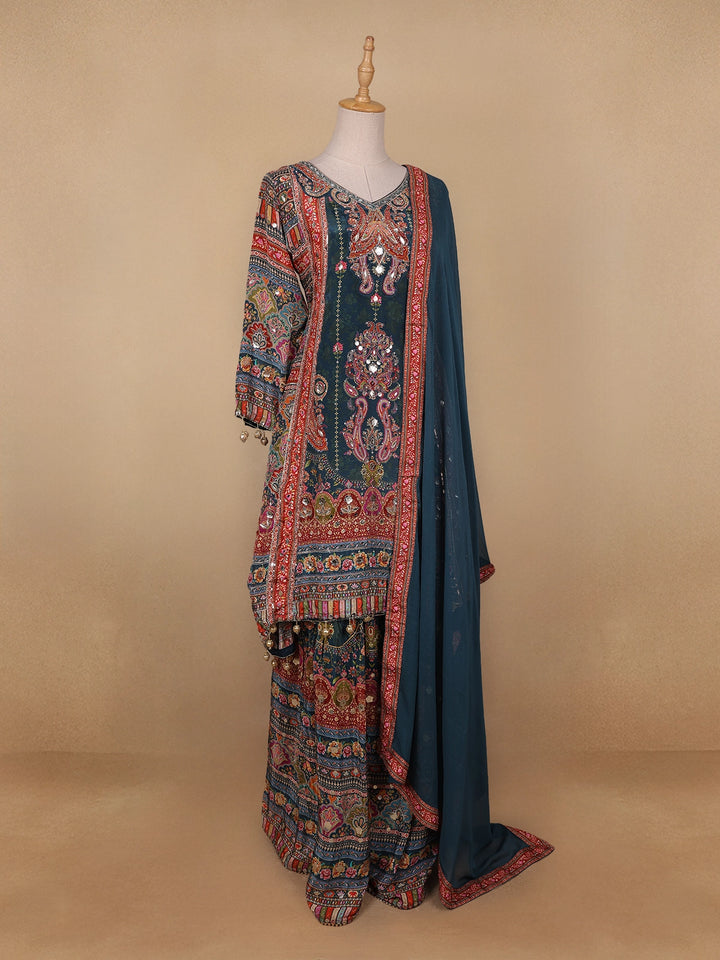 Green Floral Designed Semi Silk Sharara Salwar Suit - Diadem