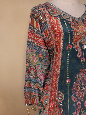 Green Floral Designed Semi Silk Sharara Salwar Suit - Diadem