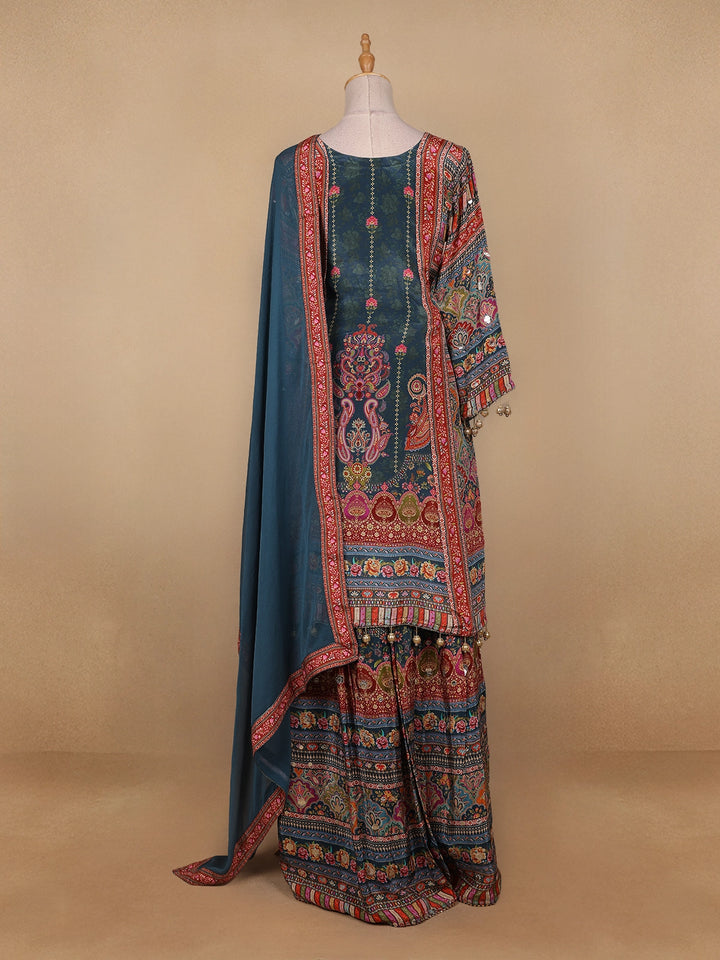 Green Floral Designed Semi Silk Sharara Salwar Suit - Diadem