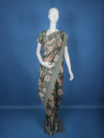 Green Floral Designed Semi Tussar Saree - Diadem