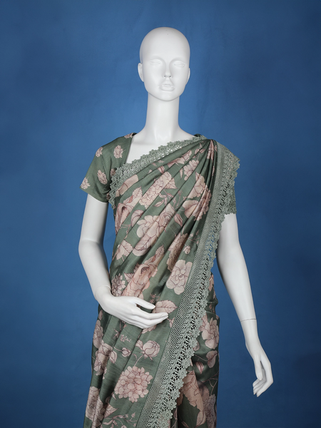 Green Floral Designed Semi Tussar Saree - Diadem