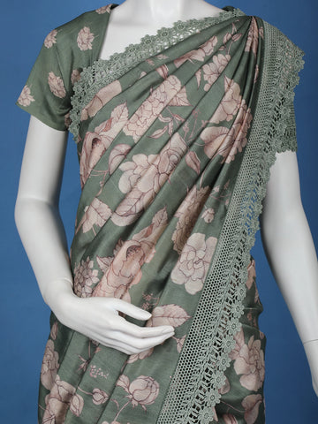 Green Floral Designed Semi Tussar Saree - Diadem