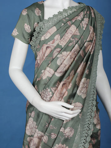Green Floral Designed Semi Tussar Saree - Diadem