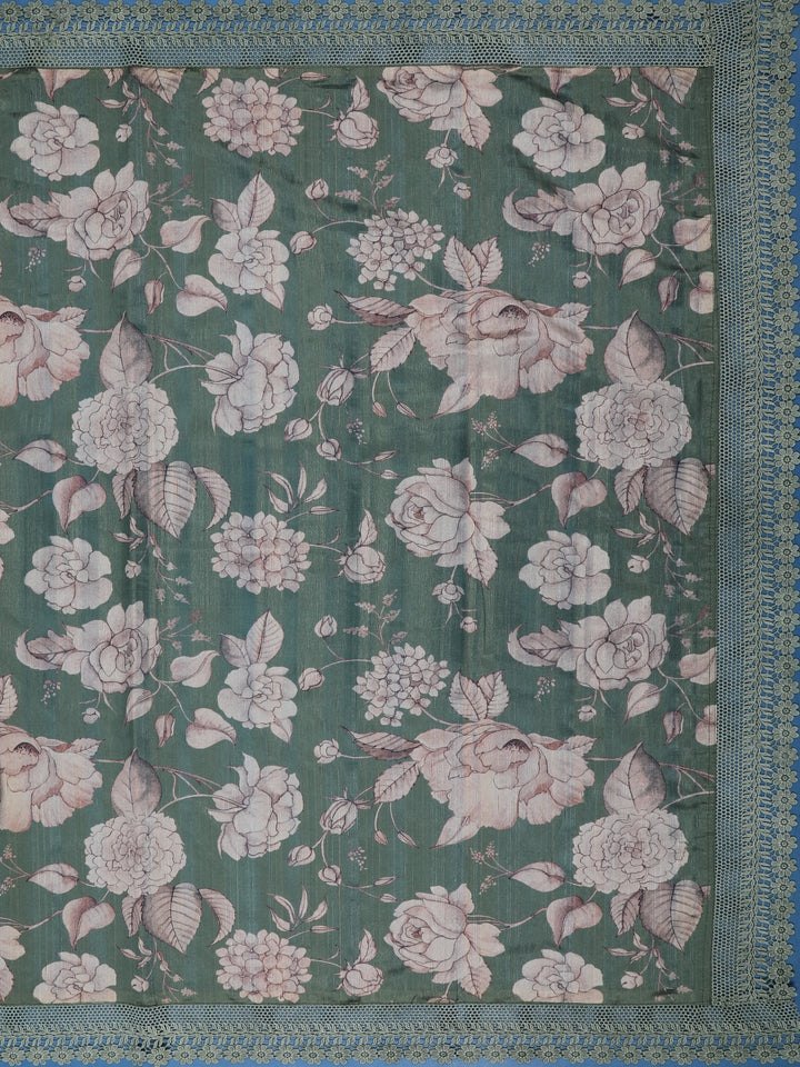 Green Floral Designed Semi Tussar Saree - Diadem