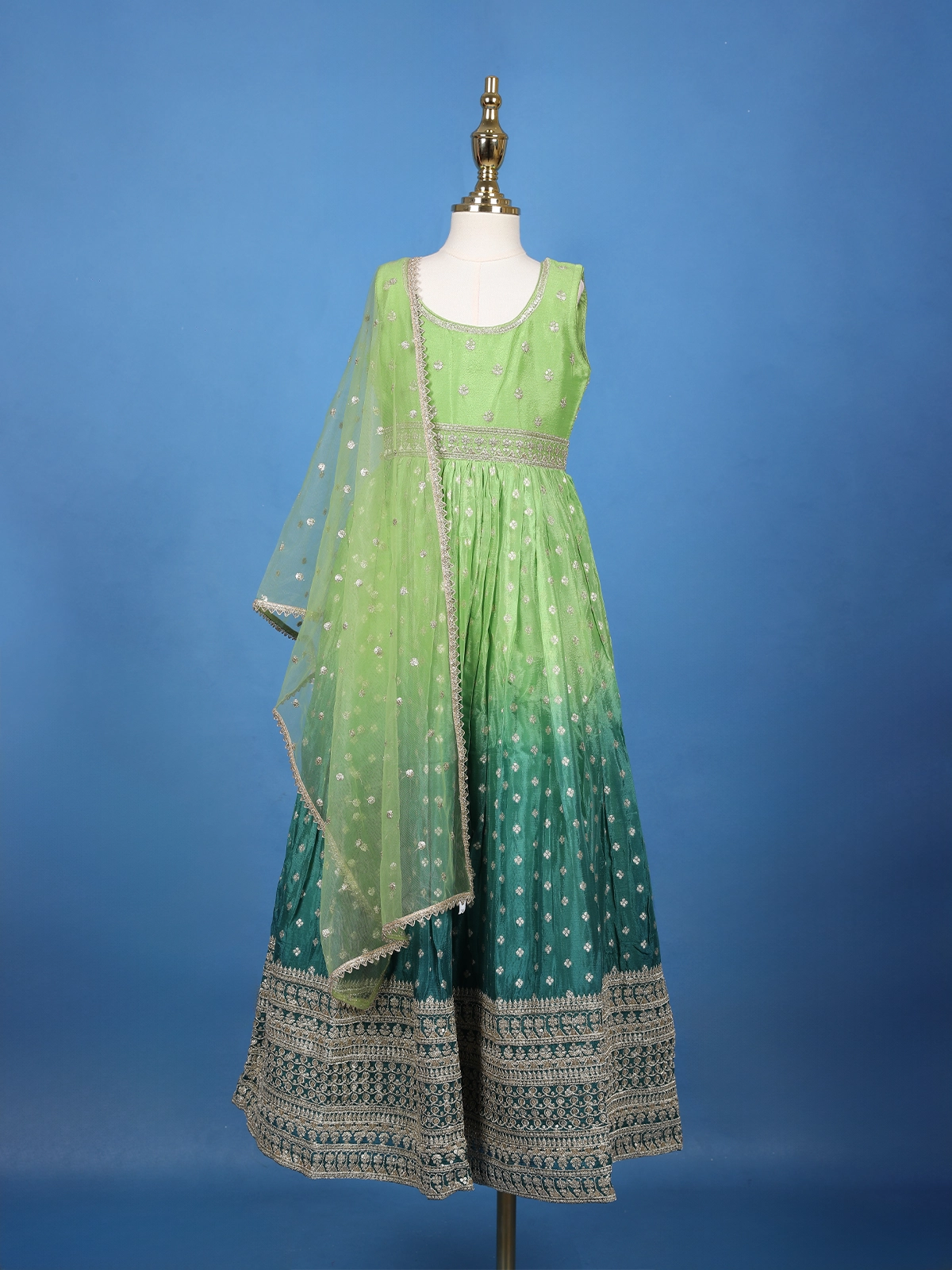 Green Floral Designed Sequins Work Banarasi Gown with Net Dupatta - Diadem