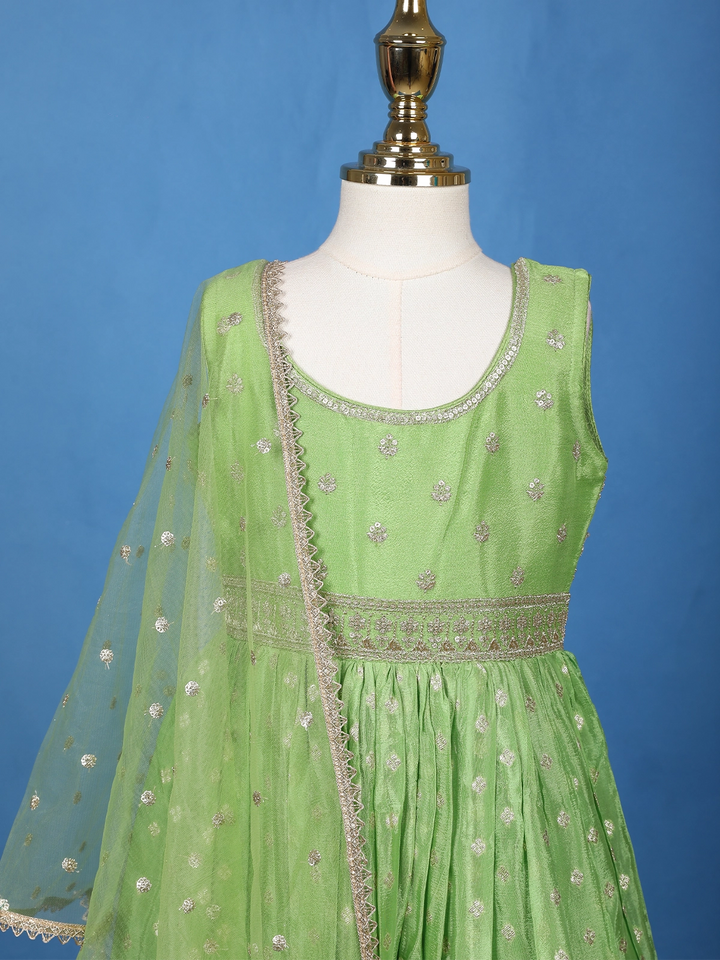 Green Floral Designed Sequins Work Banarasi Gown with Net Dupatta - Diadem